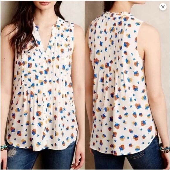 Maeve Anthropologie Strawberry Print Sleeveless Top 10 - Picture 1 of 8